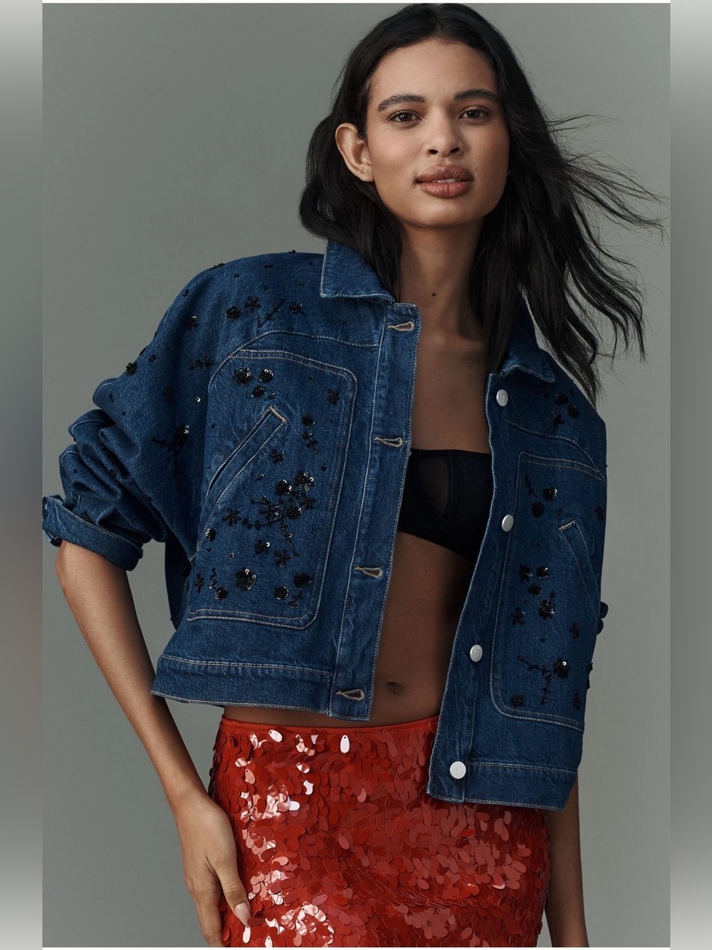Pilcro Dark Blue Embellished Denim Jacket